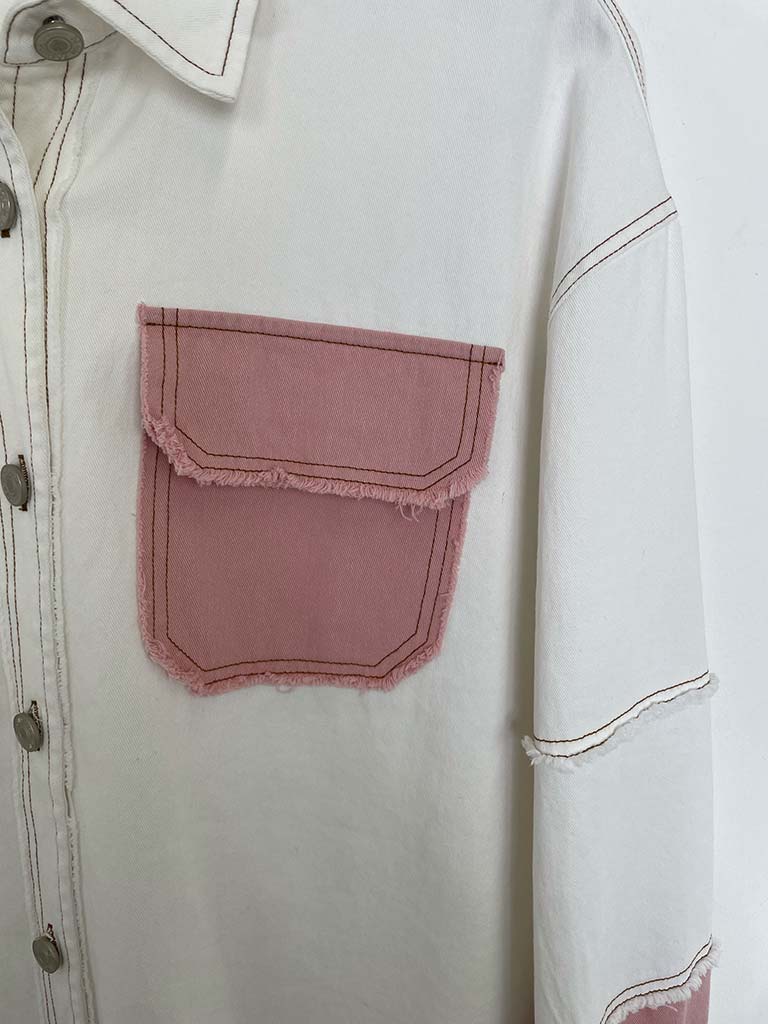 Colour Block Denim Jacket - Pink & White
