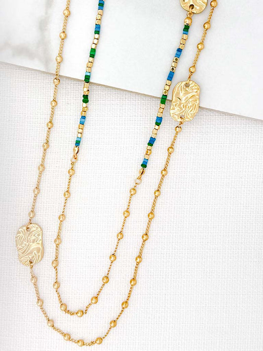 Envy Hammered Plate & Bead Necklace - Gold & Green