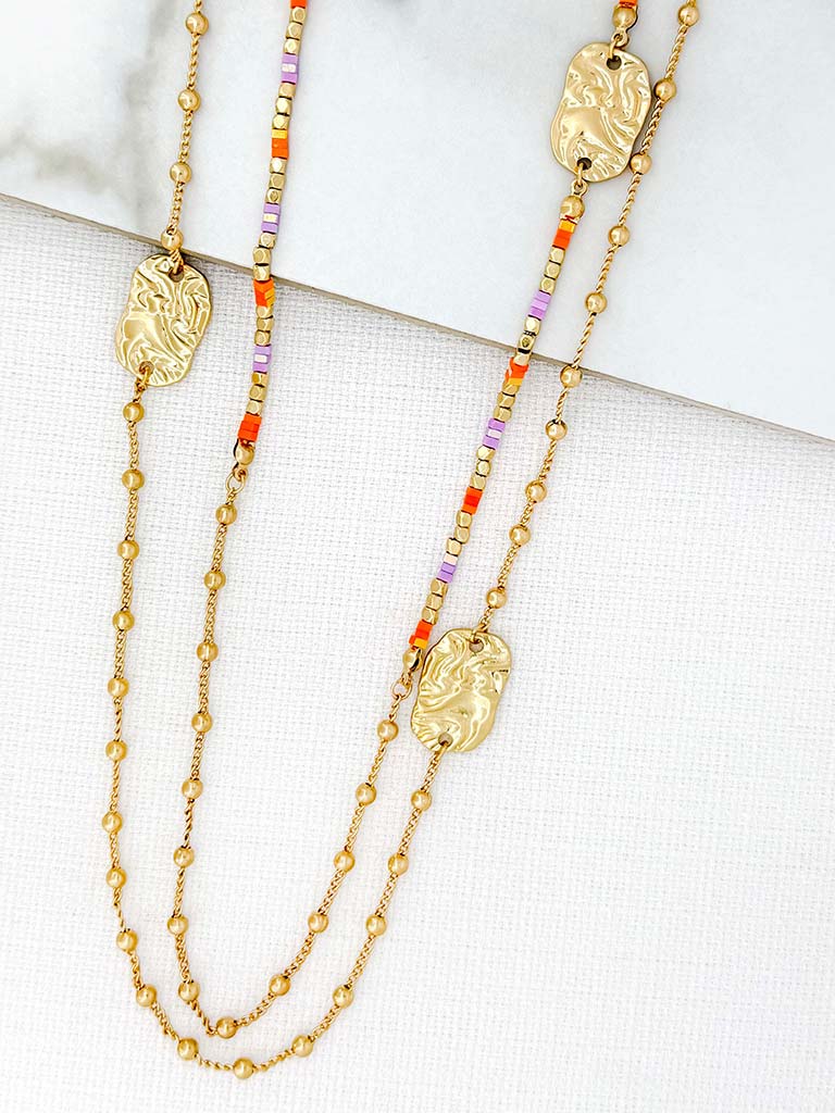 Envy Hammered Plate & Bead Necklace - Gold & Coral