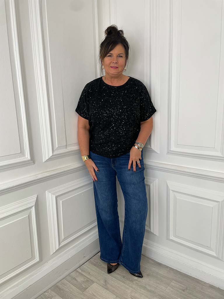 Sequin Boxy Top - Black