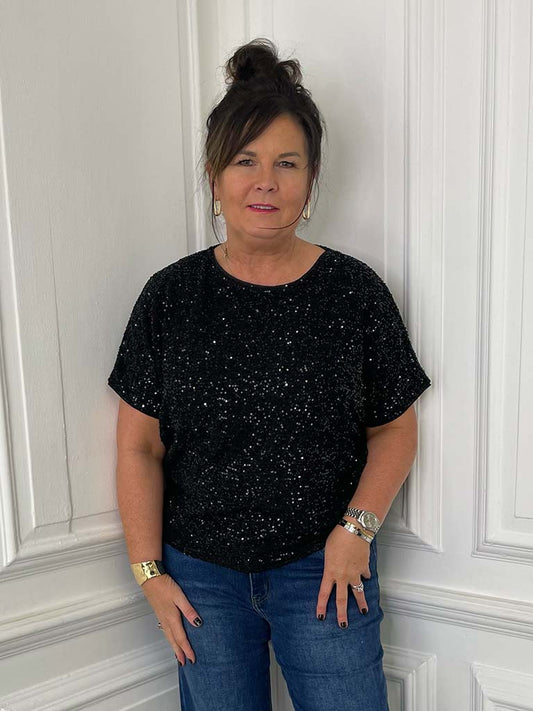 Sequin Boxy Top - Black