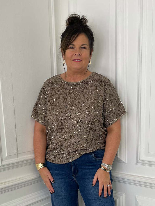 Sequin Shimmer Top - Taupe