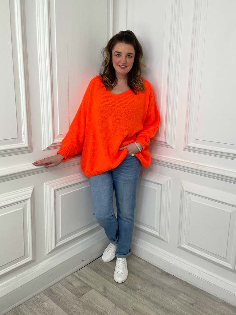 V-Neck Boyfriend Knit - Neon Orange