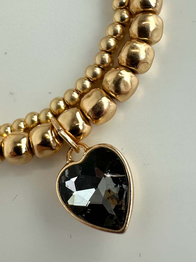 Envy Heart Charm Beaded Bracelet - Gold & Slate