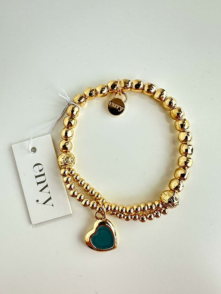 Envy Heart Charm Beaded Bracelet - Gold & Aqua