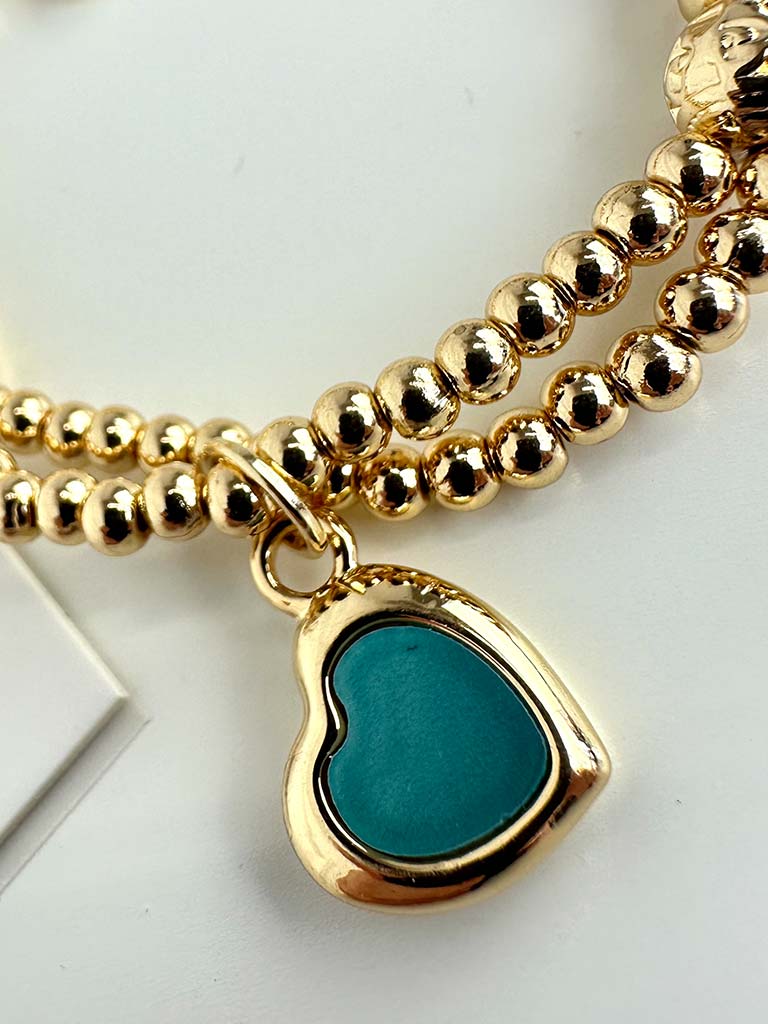 Envy Heart Charm Beaded Bracelet - Gold & Aqua