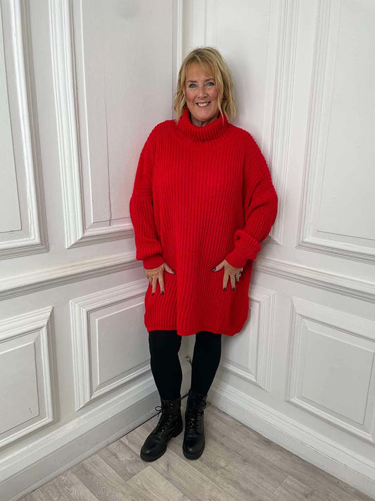 Chunky Weave Roll Neck Tunic - Red