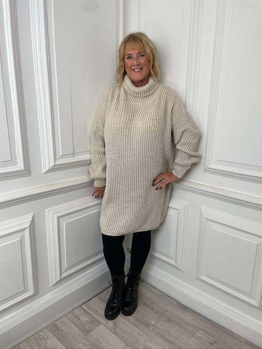 Chunky Weave Roll Neck Tunic - Stone