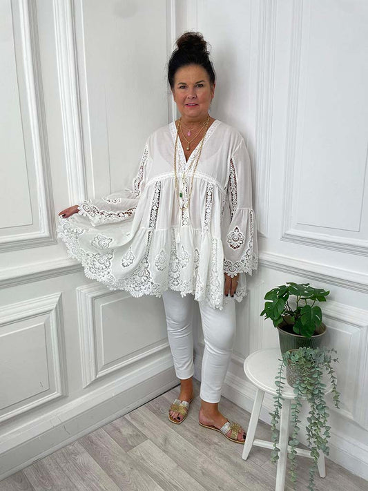 Embroidered Lace Kaftan Cotton Top - Ivory