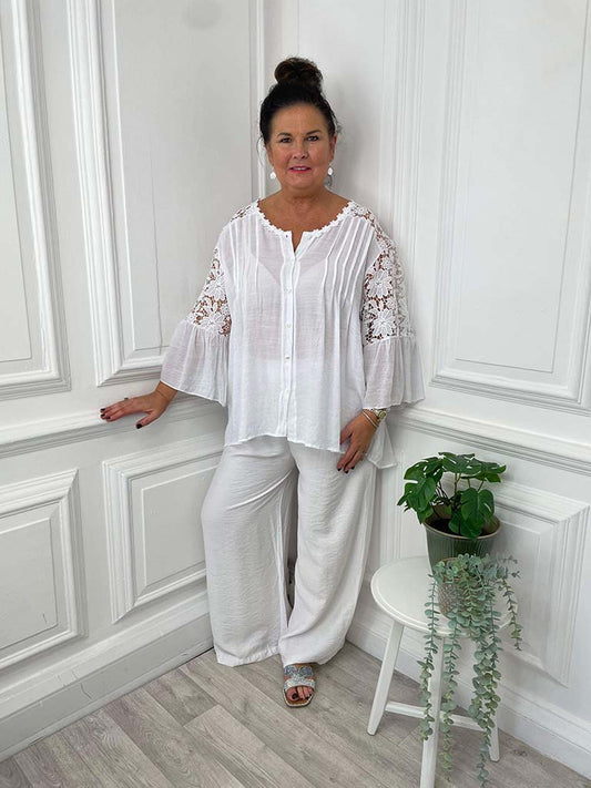 Crochet & Pleat Cotton Shirt - White