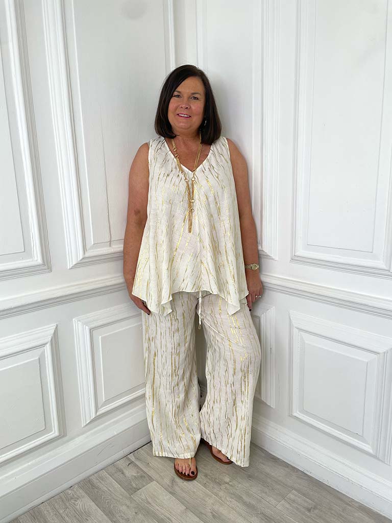 Malissa J V-Neck Bias Cut Vest - Cream & Gold