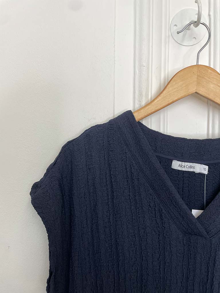 Textured Side Split Dress - Navy