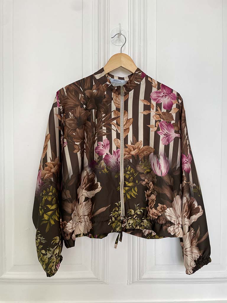 Silk Feel Zip Up Bomber Jacket - Stripe & Flower