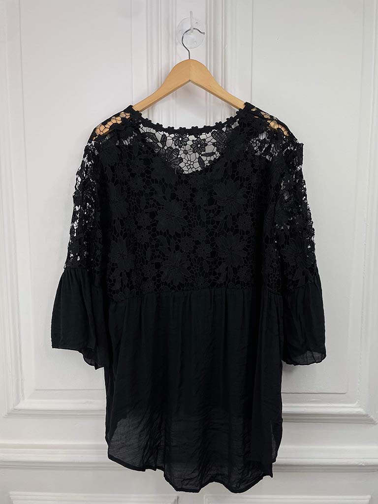 Crochet & Pleat Cotton Shirt - Black – Chester Boutique