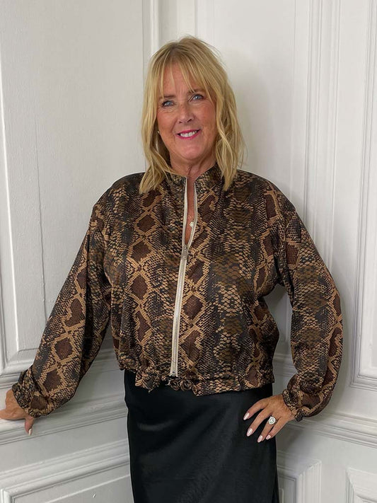 Silk Feel Zip Up Bomber Jacket - Snake Print