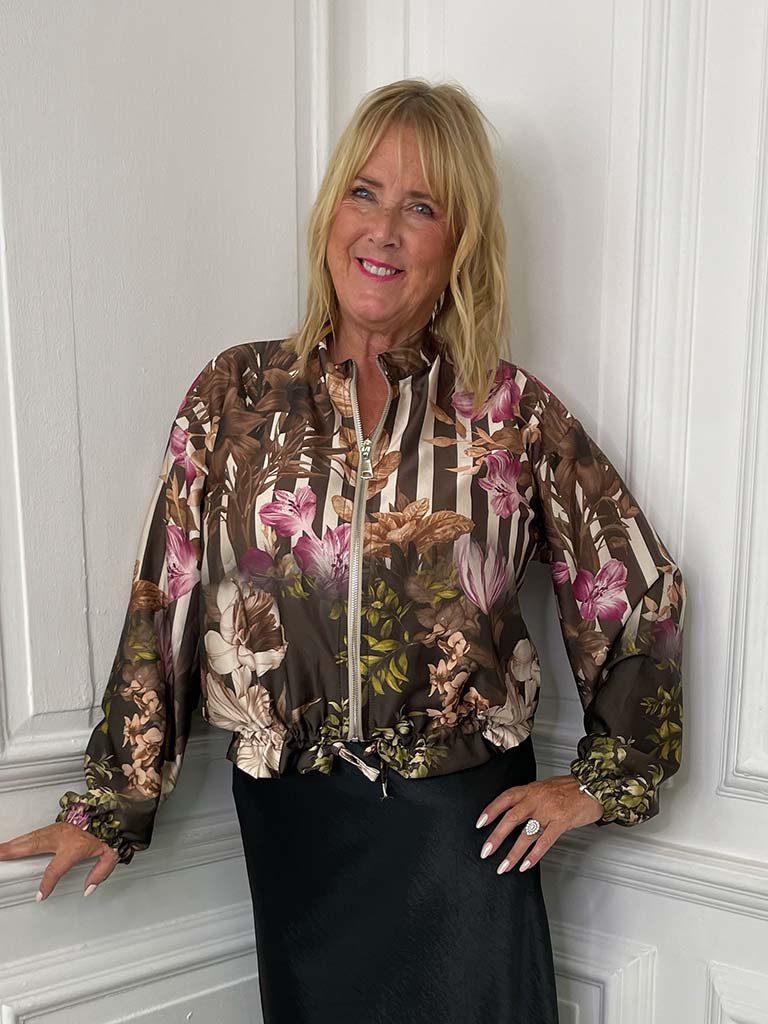 Silk Feel Zip Up Bomber Jacket - Stripe & Flower