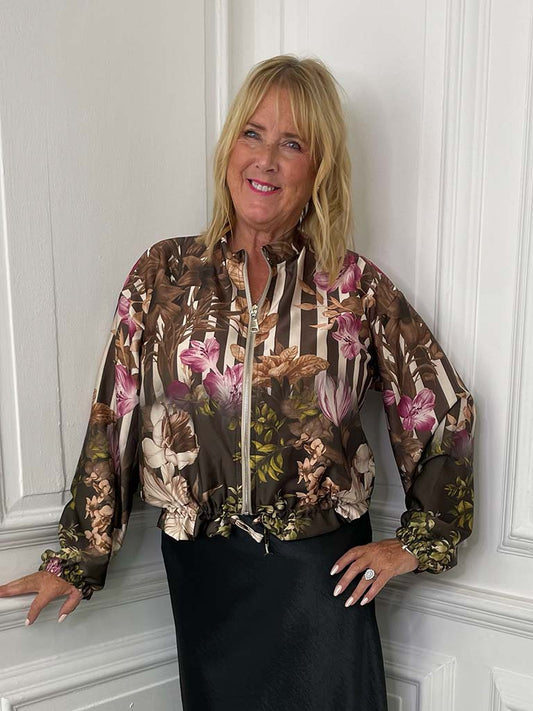 Silk Feel Zip Up Bomber Jacket - Stripe & Flower