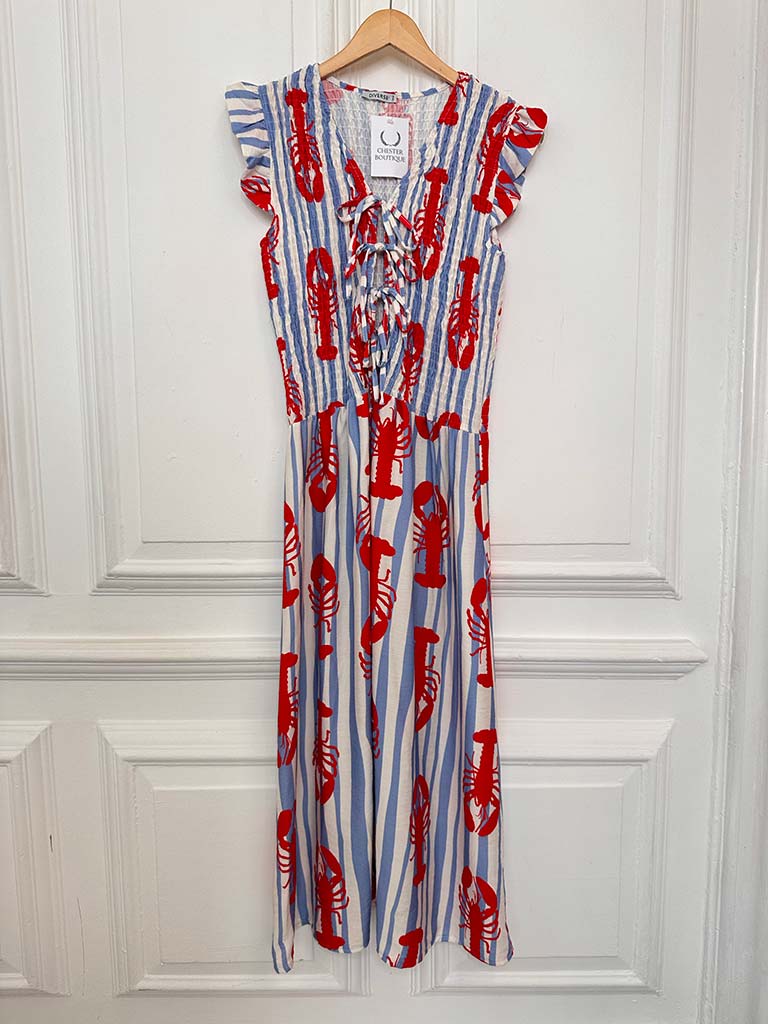 Tie Front Shirred Dress - Blue Stripe Lobster