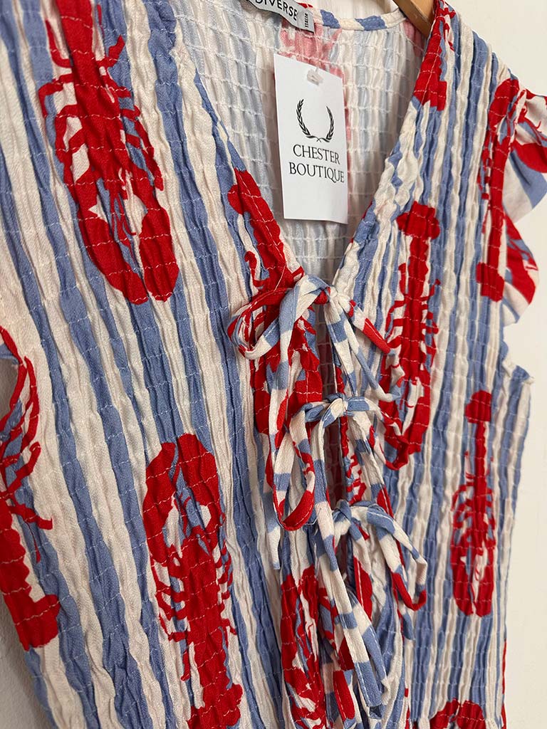 Tie Front Shirred Dress - Blue Stripe Lobster