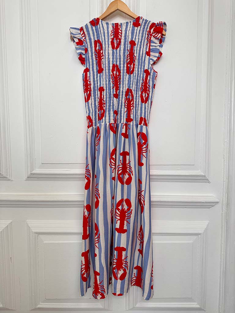 Tie Front Shirred Dress - Blue Stripe Lobster