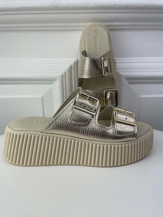 Tamaris Leather Flatform Sandals - Gold