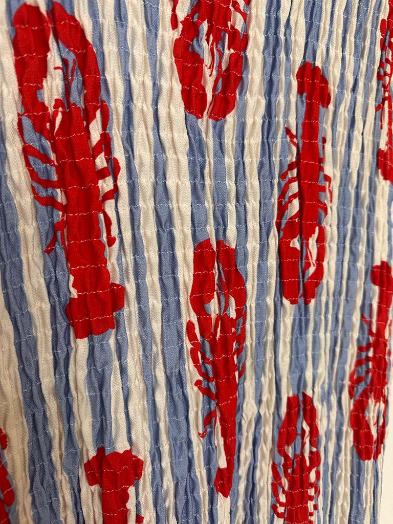 Tie Front Shirred Dress - Blue Stripe Lobster