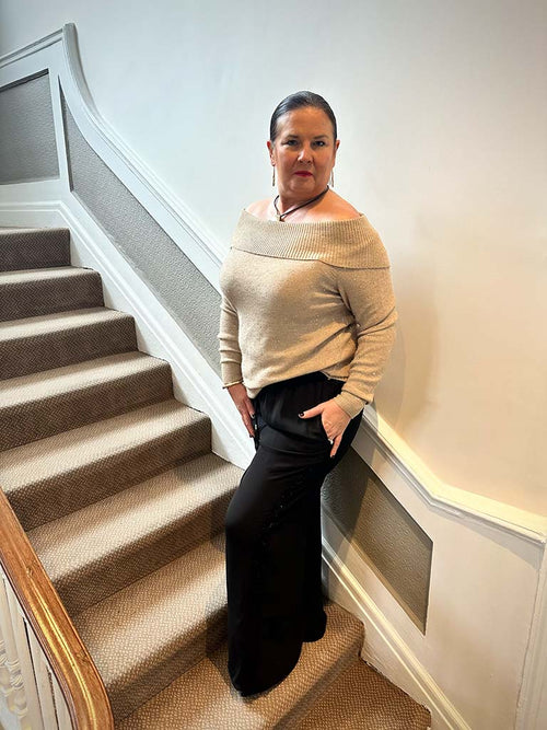 Malissa J Sequin Shimmer Bardot Knit - Oatmeal