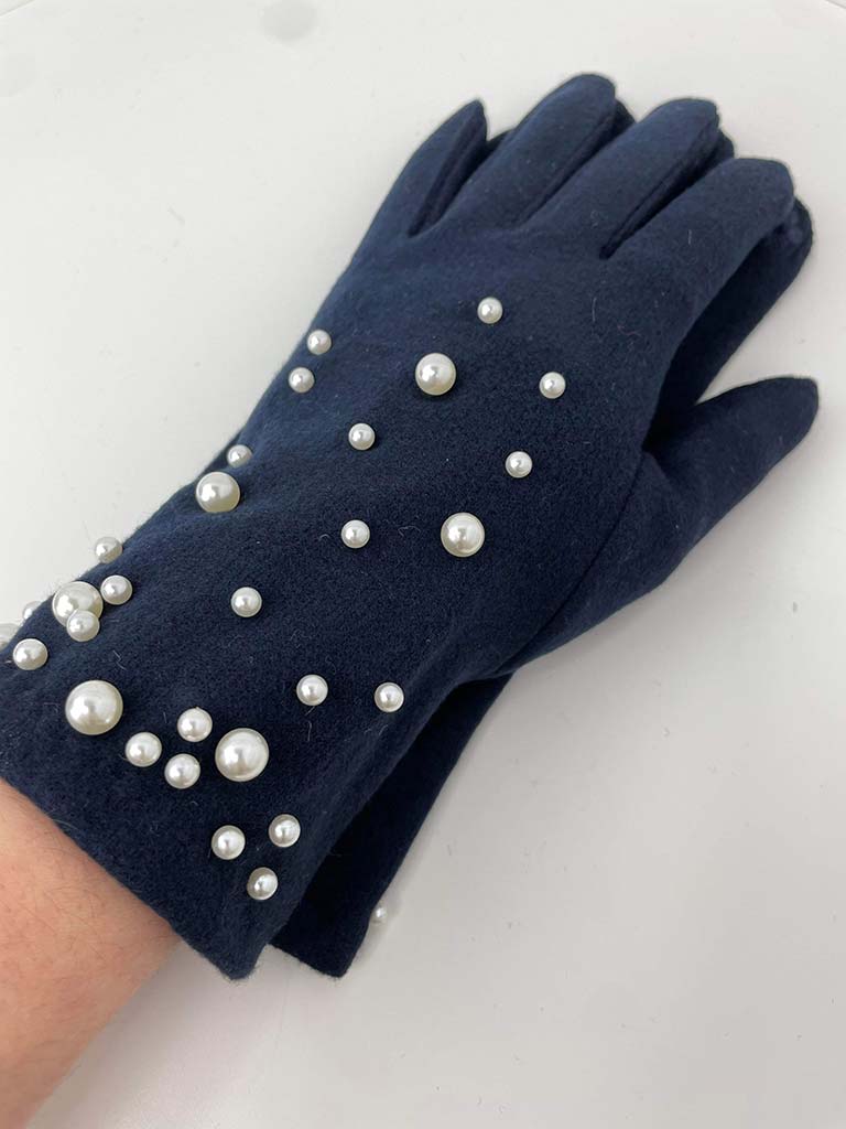 Pearl Embellished Gloves - Navy