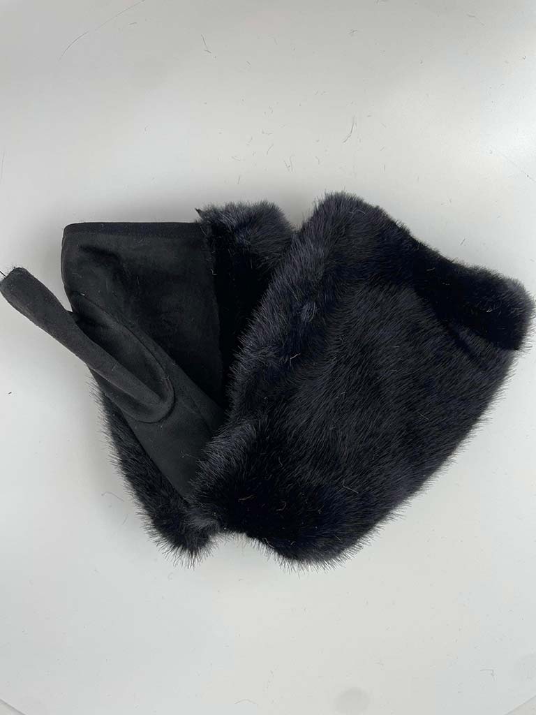 Faux Fur Fingerless Gloves - Black