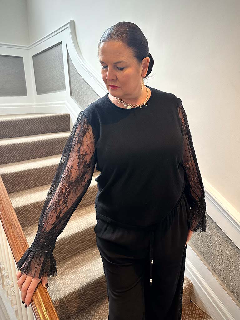 Malissa J Lace & Sequin Sleeve Knit - Black