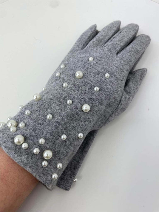 Pearl Embellished Gloves - Grey