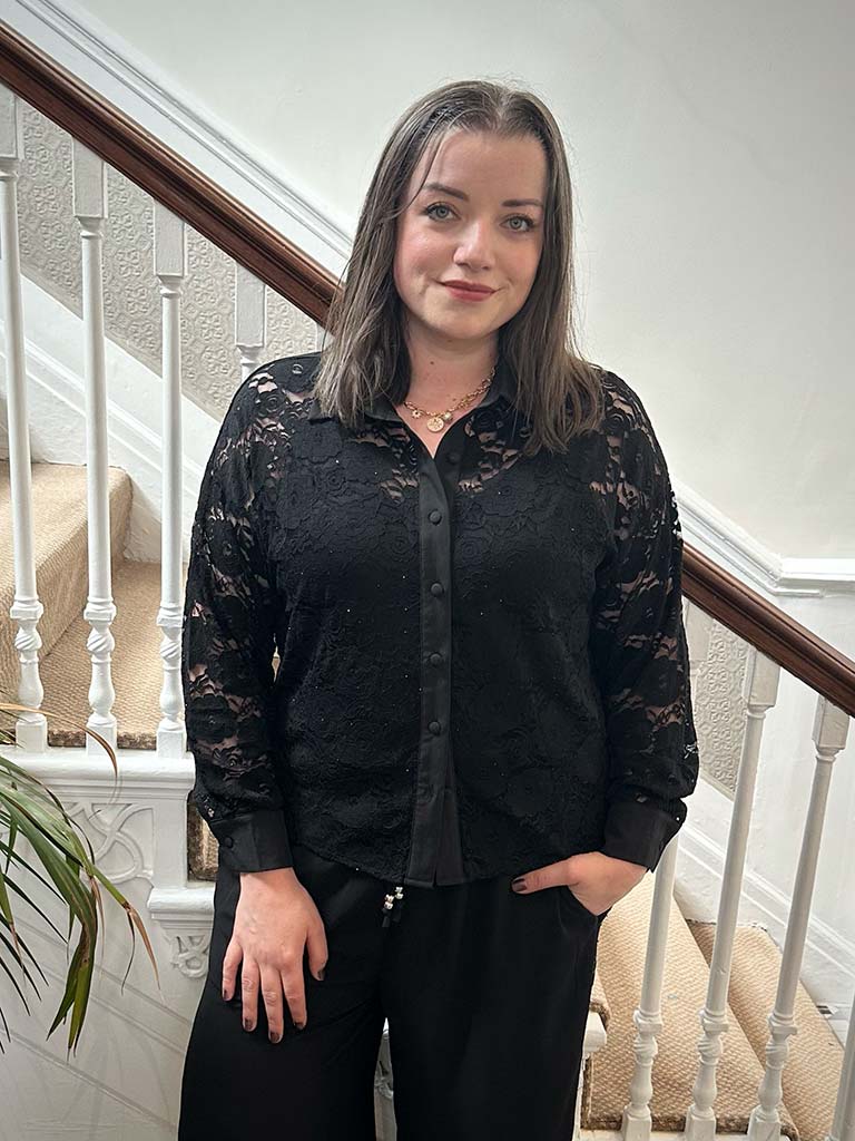 Malissa J Studded Lace Shirt - Black