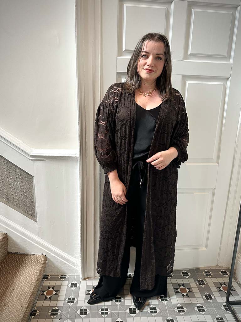 Malissa J Studded Lace Duster Jacket - Chocolate