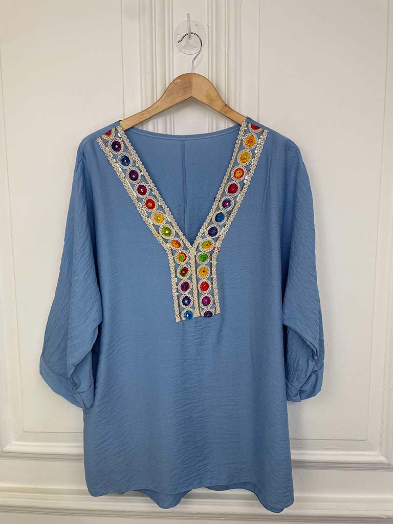 Embellished Kaftan Top - Sky