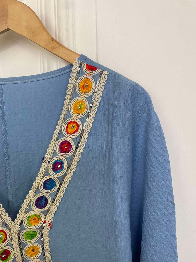 Embellished Kaftan Top - Sky