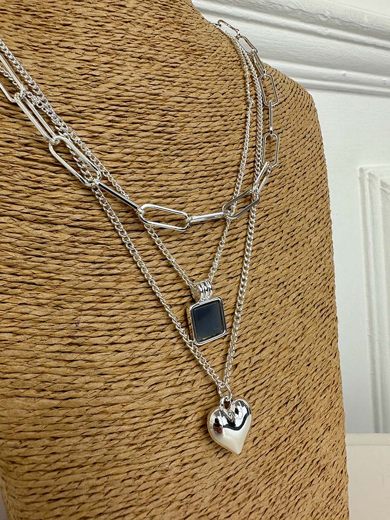 Envy Triple Chain Heart Necklace - Silver