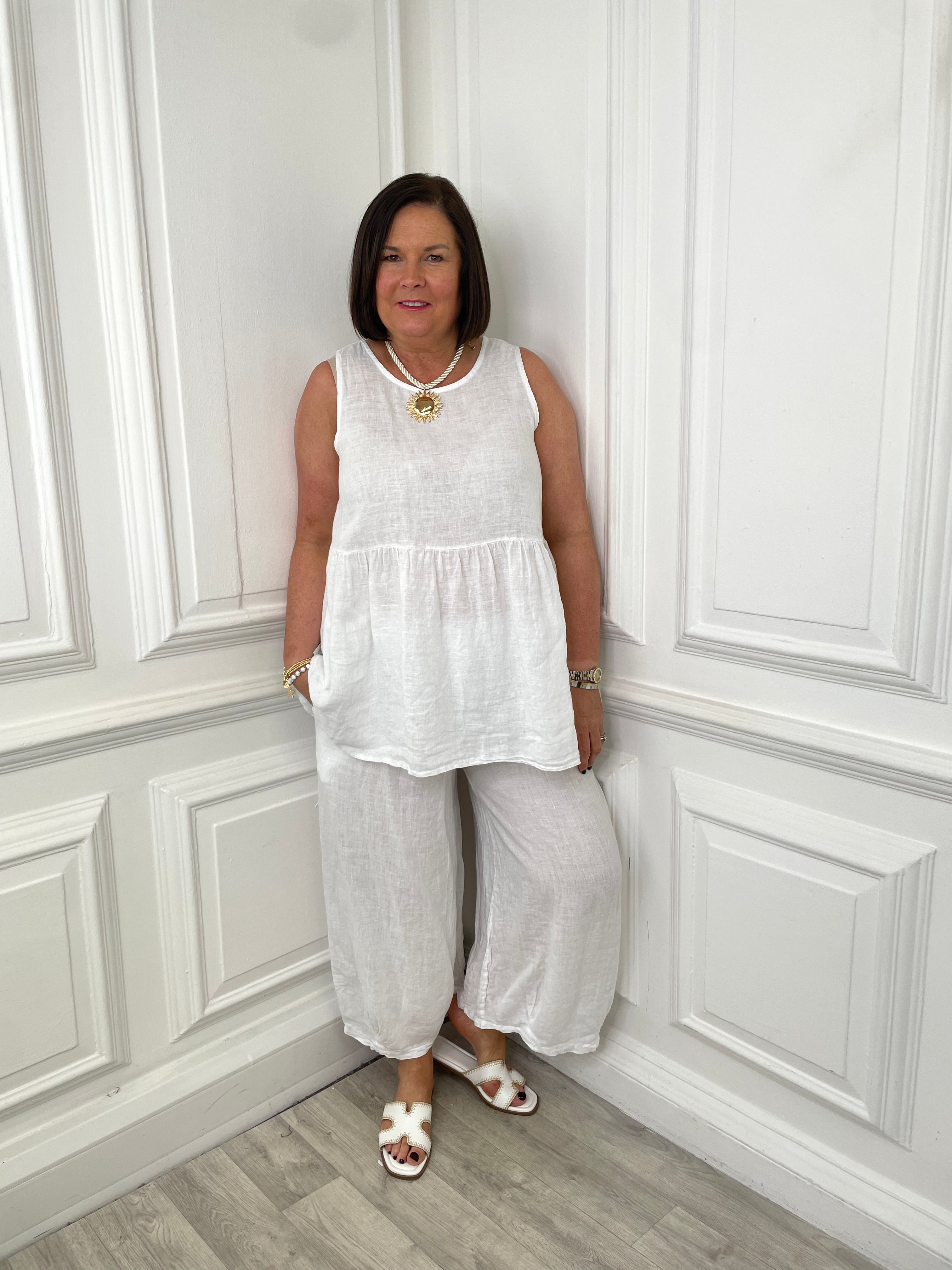 Linen Barrel Trousers - White