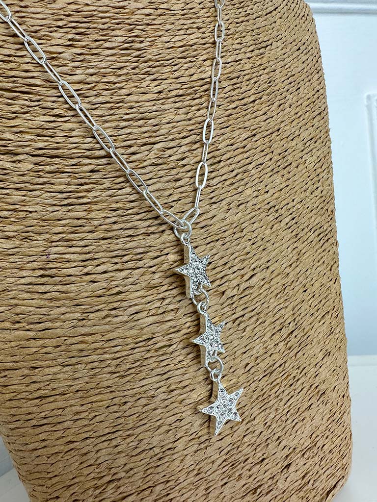 Envy Triple Star Drop Pendant Necklace - Silver