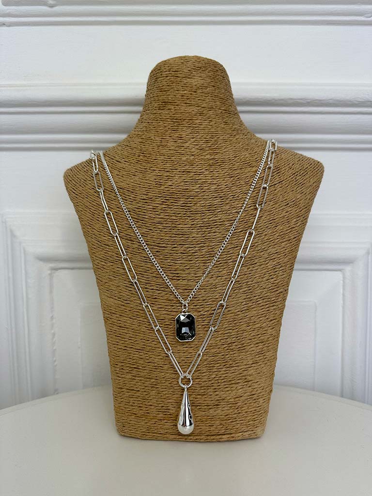 Envy Double Chain Teardrop Gem Necklace - Silver