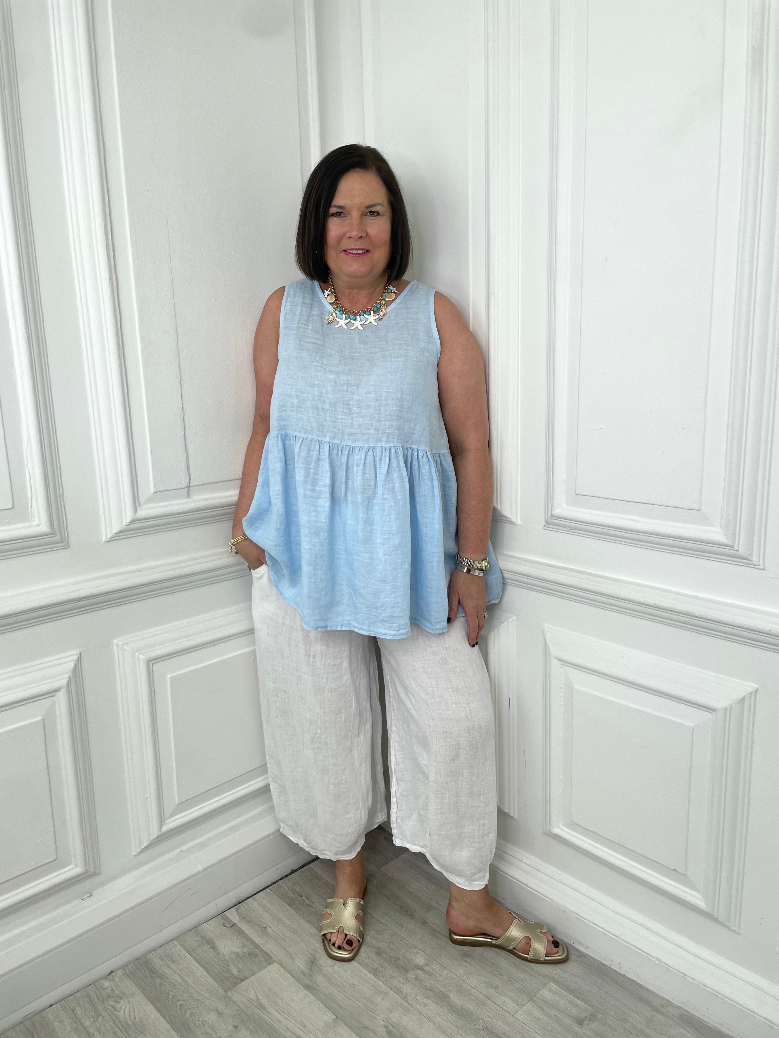 Linen Button Back Sleeveless Top - Sky