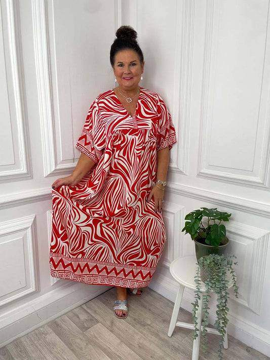 Zebra Print Smock Maxi Dress - Red