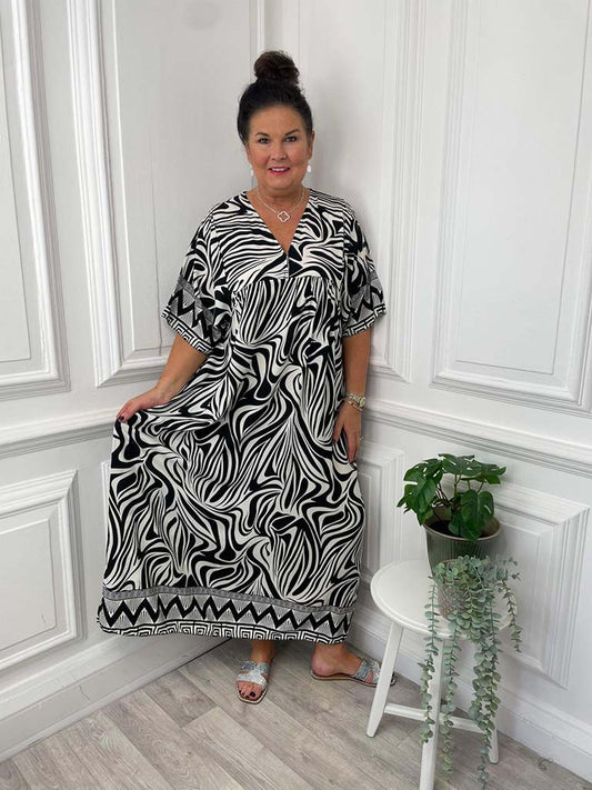 Zebra Print Smock Maxi Dress - Black