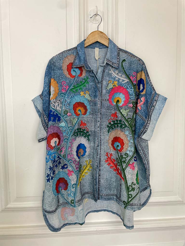 Denim Embroidery Print Shirt