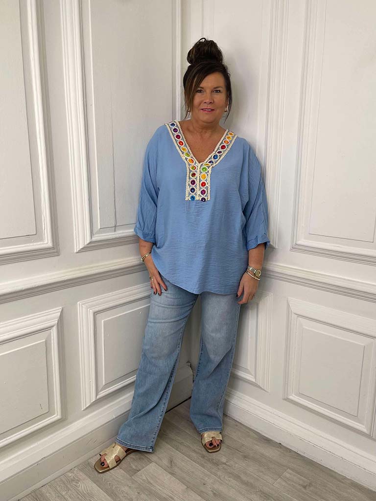 Embellished Kaftan Top - Sky