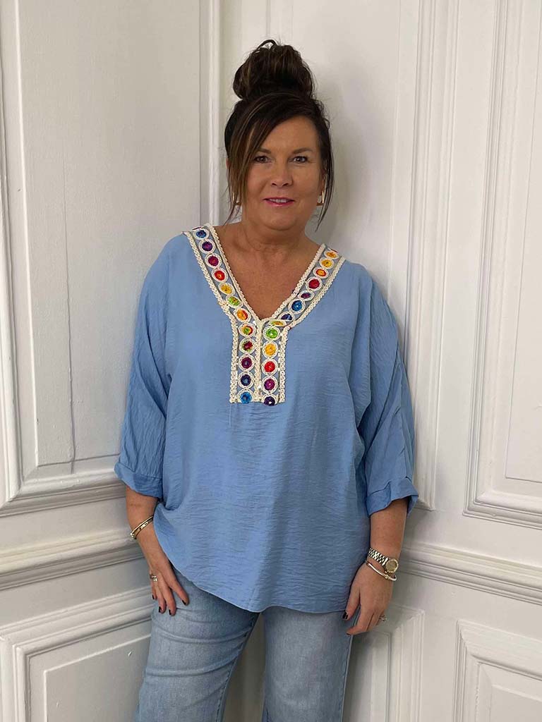 Embellished Kaftan Top - Sky