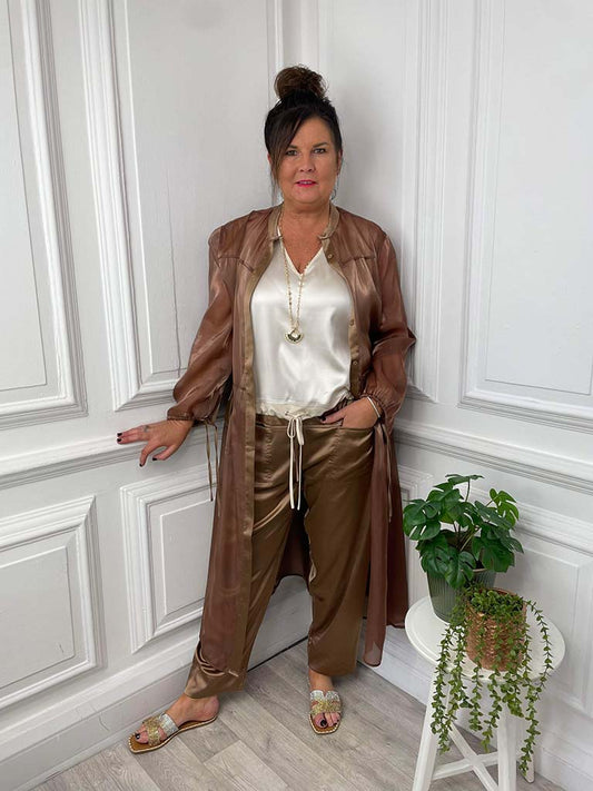 Malissa J Satin Pocket Sheer Shirt Dress - Bronze