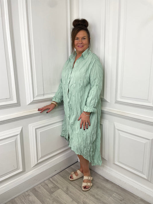 Rippled Shirt Dress - Mint