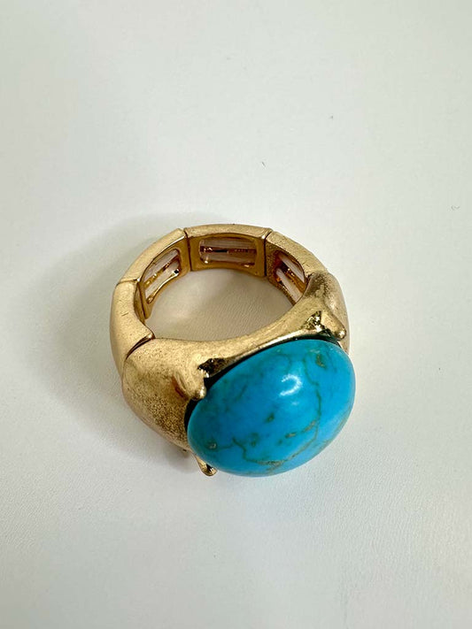 Envy Brushed Gold Elasticated Ring - Turquoise