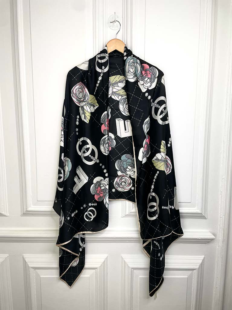 Malissa J Silk Feel Rose & Letter Scarf - Black