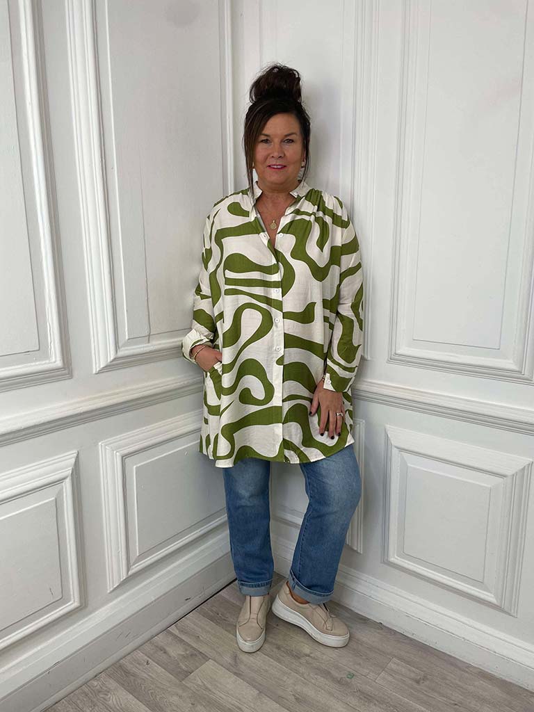 Swirl Print Shirt Tunic - Avocado